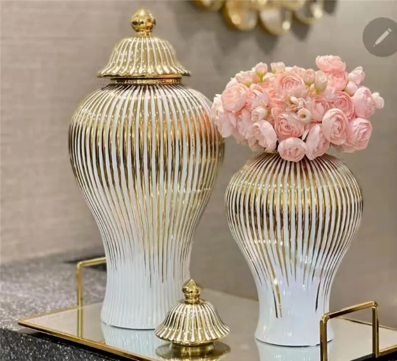 Custom White Striped Home Decorative Large Tall Big Floor notmadic flower urn Ceramic ginger vase gold