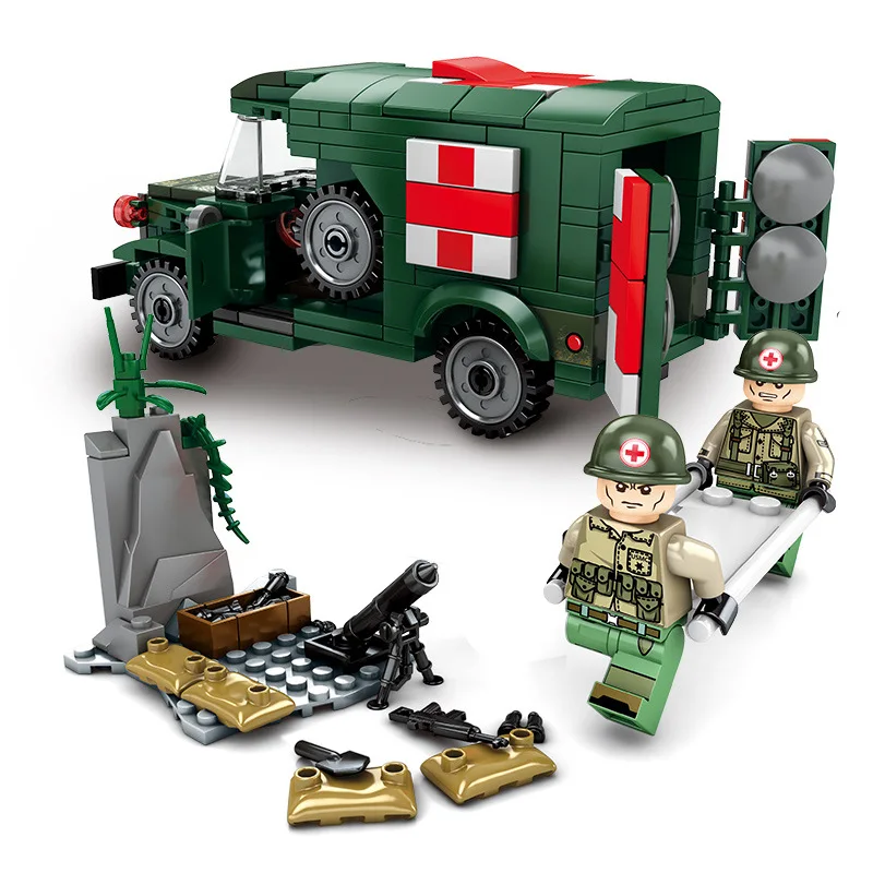 256pcs Steel Empire Military Ambulance Model Building Kits Survival Warfare US Soldier Building Blocks Set Plastic Toys