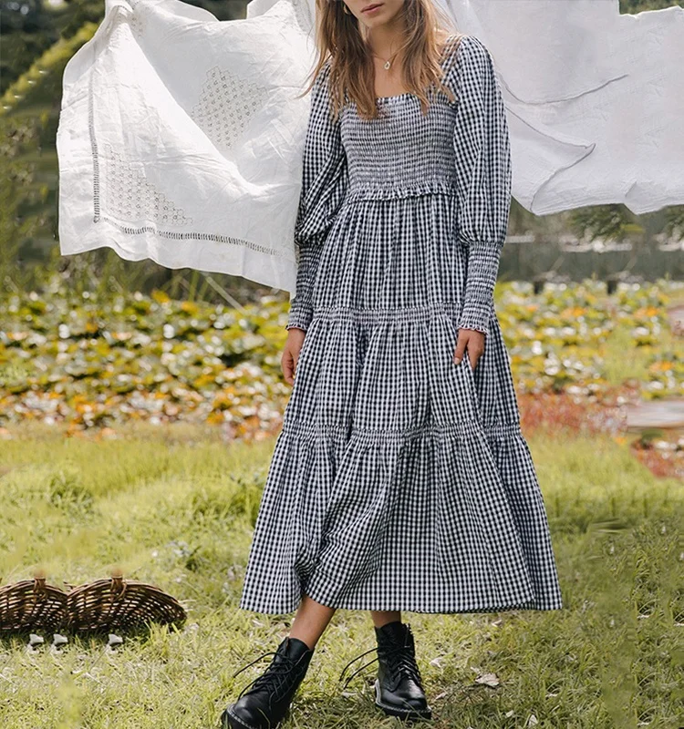Holiday Casual Oversized Woman Summer Smock Dress Gingham Linen Cotton Midi Dress
