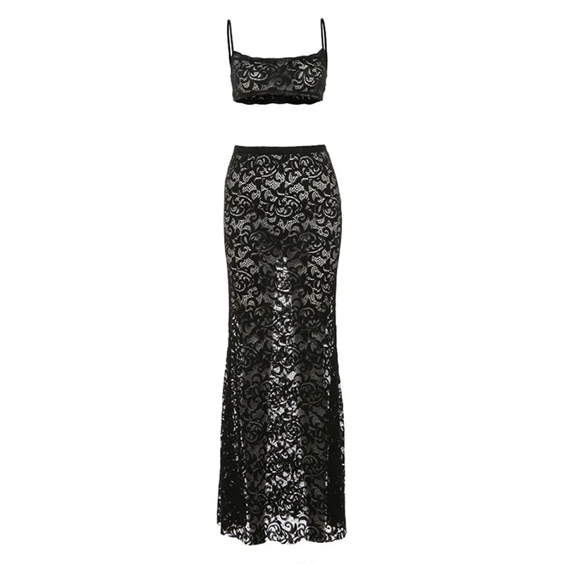 2024 Summer New Product Sexy Hollow Strap Top Solid Color High Waist Skirt Lace Set