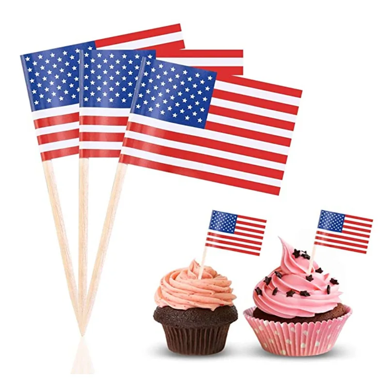 Custom Logo Printing Wooden Toothpick Paper National Flag American Toothpick Flag For Decoration