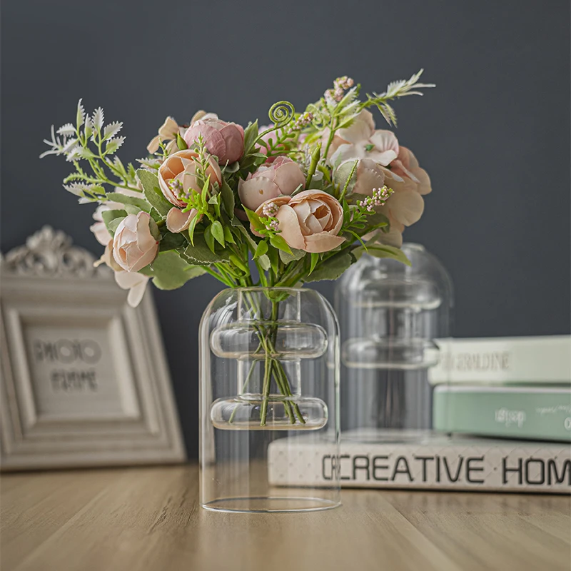 Hot Selling Hand Blown Double-Layer Borosilicate Glass Flower Bud Vase Modern Art Deco Design Wedding Table Decoration Holidays