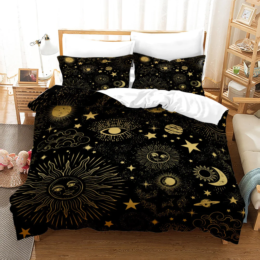 Sun Moon Comforter Cover Set Stars Space Psychedelic Duvet Cover Black and White Bedding Set 3pcs for Kids Boys Teens Microfiber