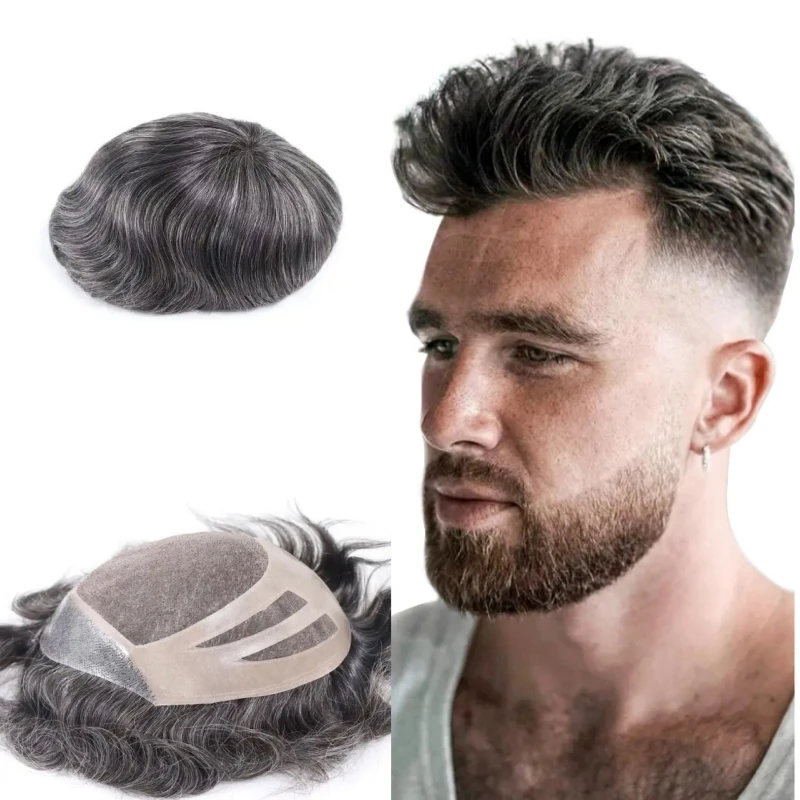 Human Hair Mixed 30% Gray in Synthetic Hair Toupee for Men Four Holes Style With Natural Hairline Hair System for Men