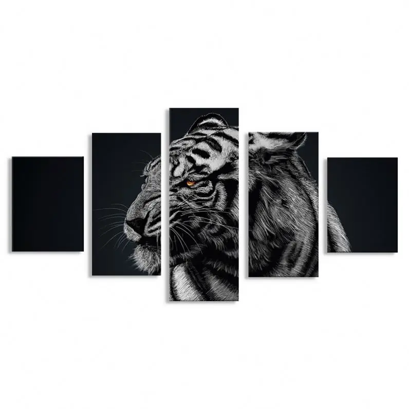 5pcs Animal Canvas Print Black and White Tiger Wall Art Modern Artwork