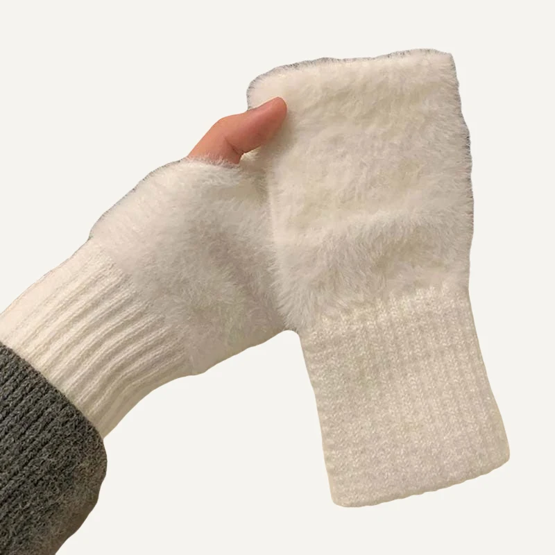 Warm Woolen Half-finger Gloves Female Winter Plush Knitted Wrist Protection Hundred Touch Screen Office Students Writing Gloves