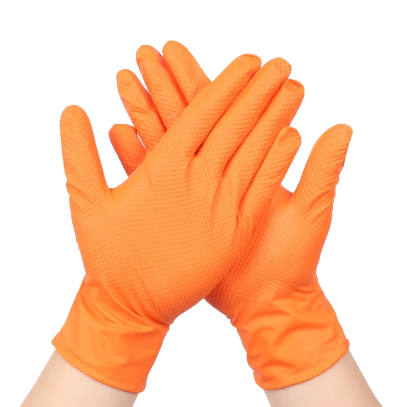Manufacturers Beauty Salon Orange 100pcs Nitrile Gloves Per Box Powder Free Synthetic Diamond Textured Nitrile Gloves