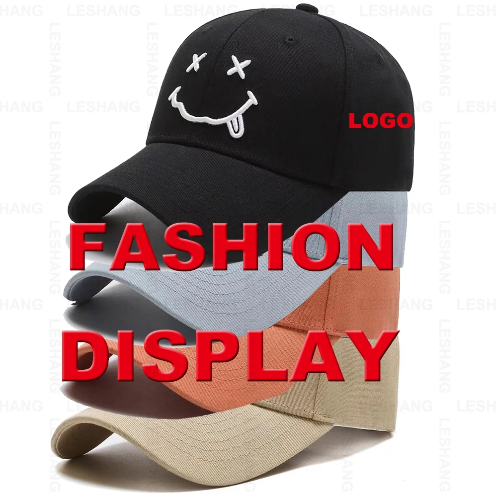 Fashion Curved Brim Structured Blank Sport Hats Custom Cute Smiling Face Embroidery Logo Cotton 6 Panel Plain Baseball Caps