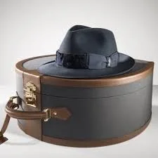 Travel carrying case hat storage box velvet Lining Leather large round hat box packaging golden logo hat box with handles