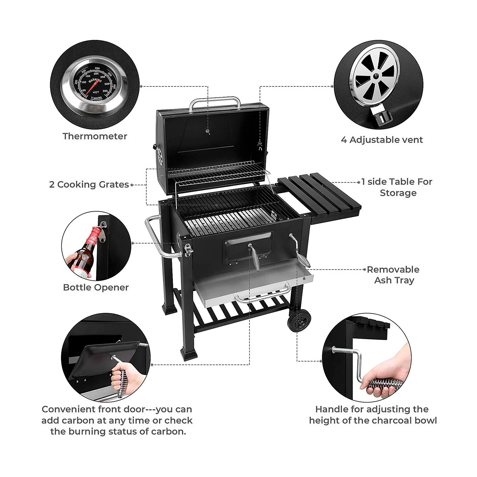 Waterproof 4 adjustable vent charcoal bbq grills with Side Shelf and Hook For Portable courtyard charcoal oven