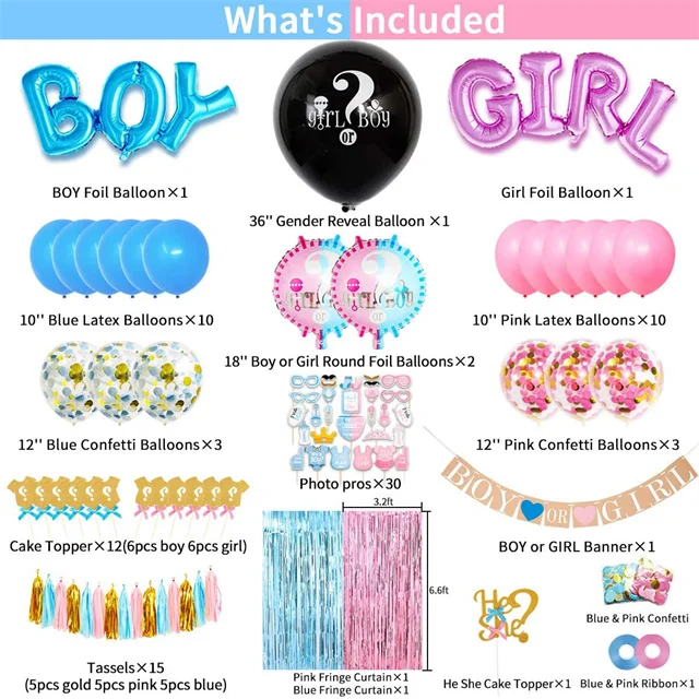 Baby Gender Reveal Decorations kit with 36' Gender Reveal Balloon Banner Cake Toppers Fringe Curtains Baby Shower Supplies