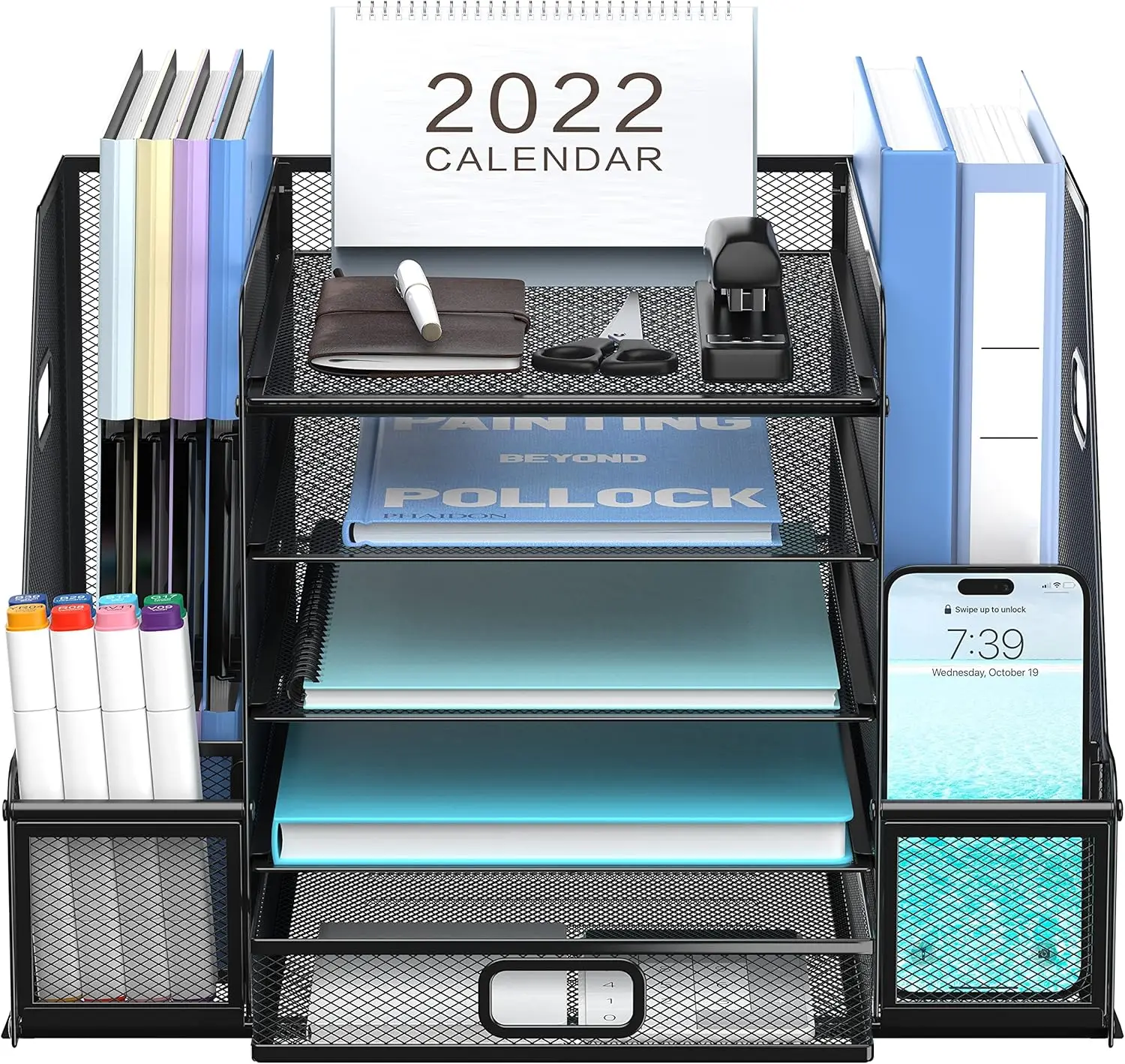 Grid office desk storage rack with file rack, 5-layer paper letter tray storage box, and magazine rack