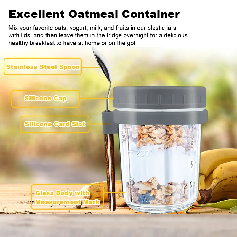 12oz portable glass breakfast overnight oat mason jars plastic container with lids and spoon straw set for overnight oats