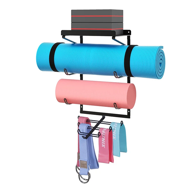 JH-Mech Home Gym Accessories Organizer 2 Tier Yoga Mat Organizer & 6 Hooks With Floating Shelf Yoga Mat Wall Mount Storage Rack