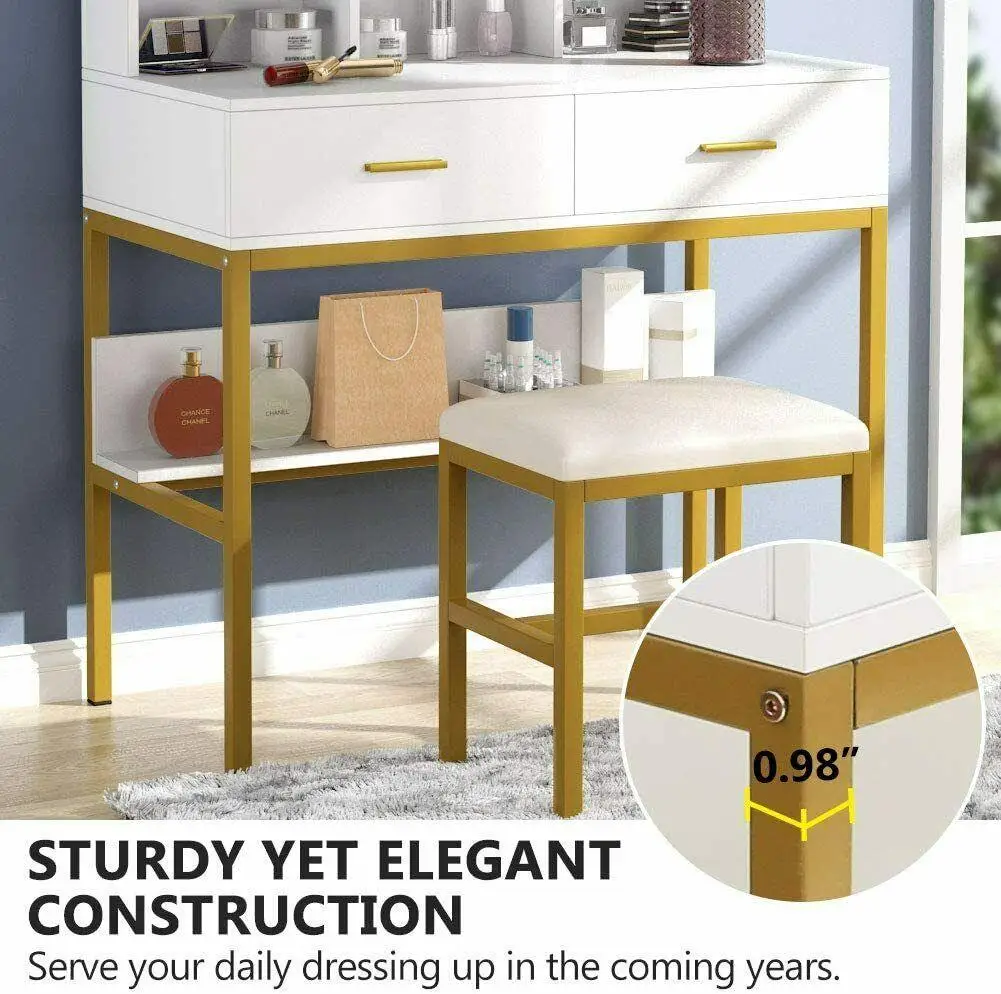 White Double Drawer Multi-Compartment Space With Square Mirror and Stool Dressing Table