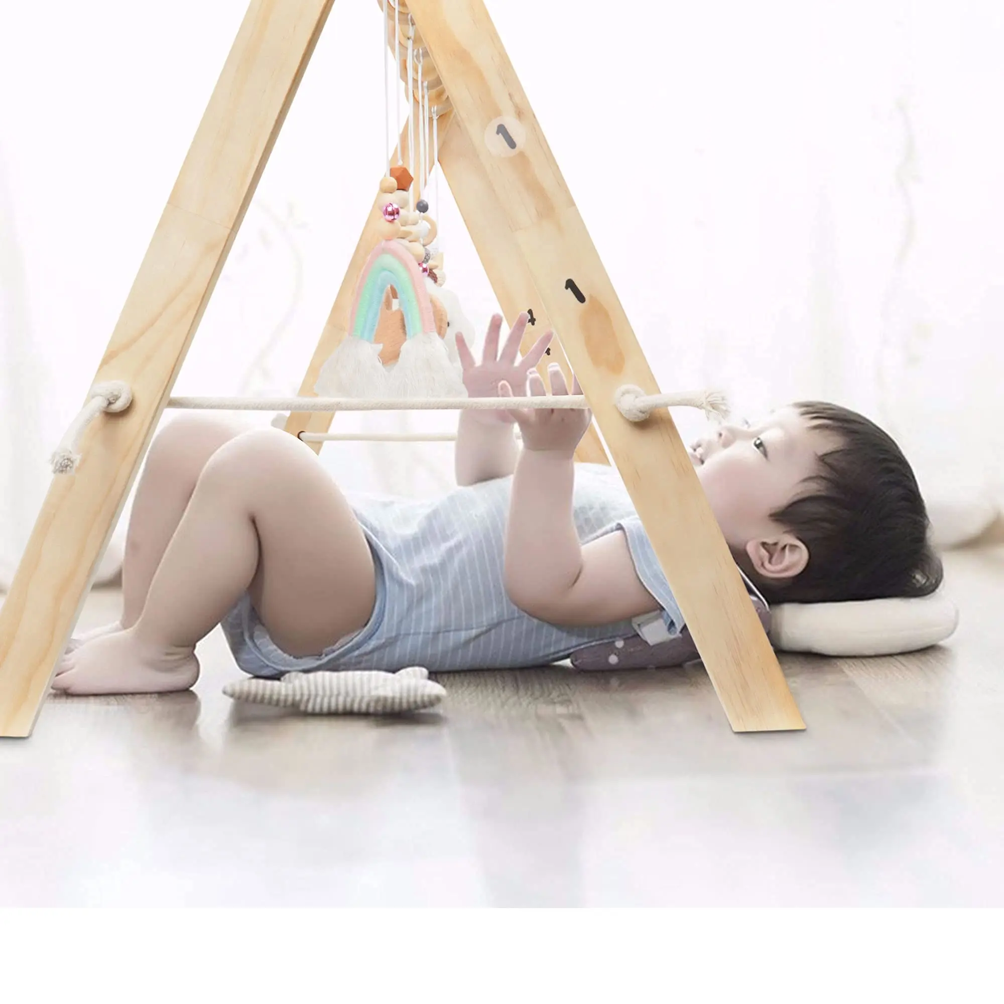 6 IN 1 Activity Easy to Assemble Wooden Baby Play Gym Toys Foldable Frame Hanging Bar,Toddler Activity Center with Pull Ring