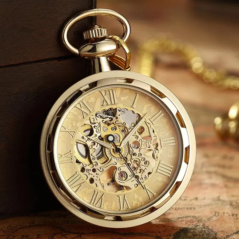 Vintage Watch Necklace Steampunk Skeleton Mechanical Fob Pocket Watch Clock Pendant Hand-winding Men