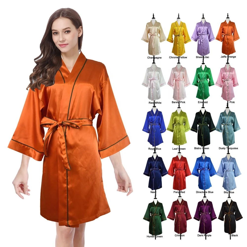 Fast Ship 20 Colors High Quality with Piping and Pockets Bridal Bridesmaids Silk Satin Kimono Women Robes