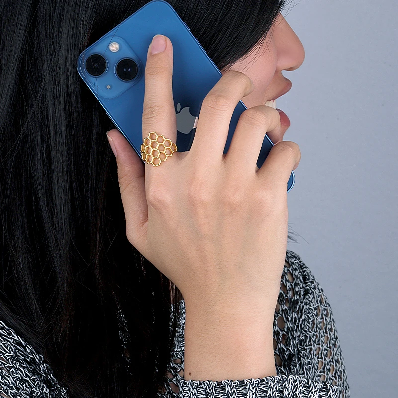 925 Sterling Silver 18K Gold Plated Forest Creatures Series Hollow Beehive Honeycomb Ring