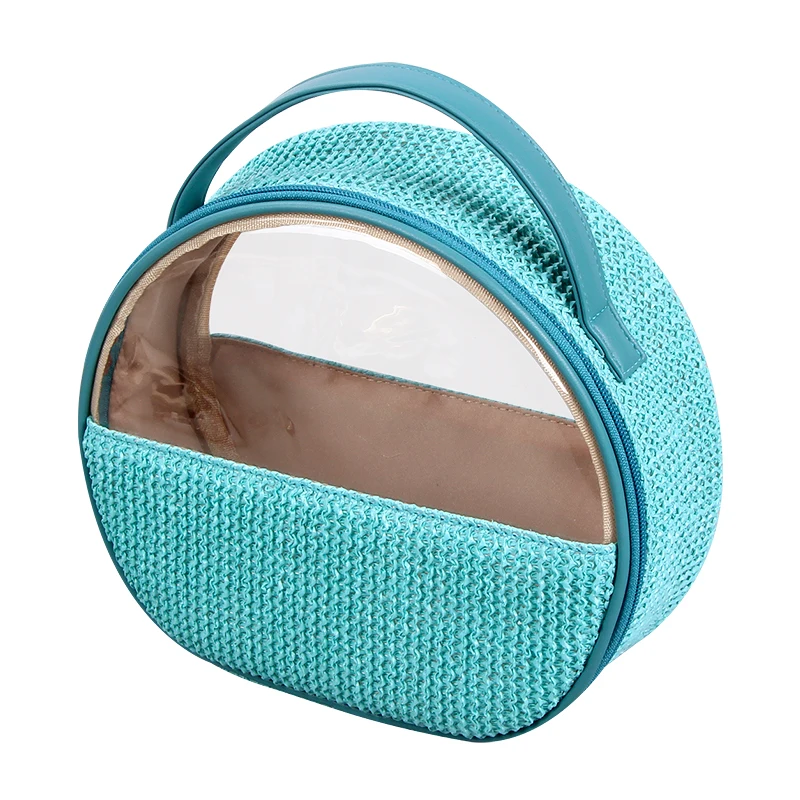 Manufacturer Custom Personalized Straw Cosmetic With Clear Window Eco-friendly Natural Handle Straw Toiletry Makeup Storage Bag