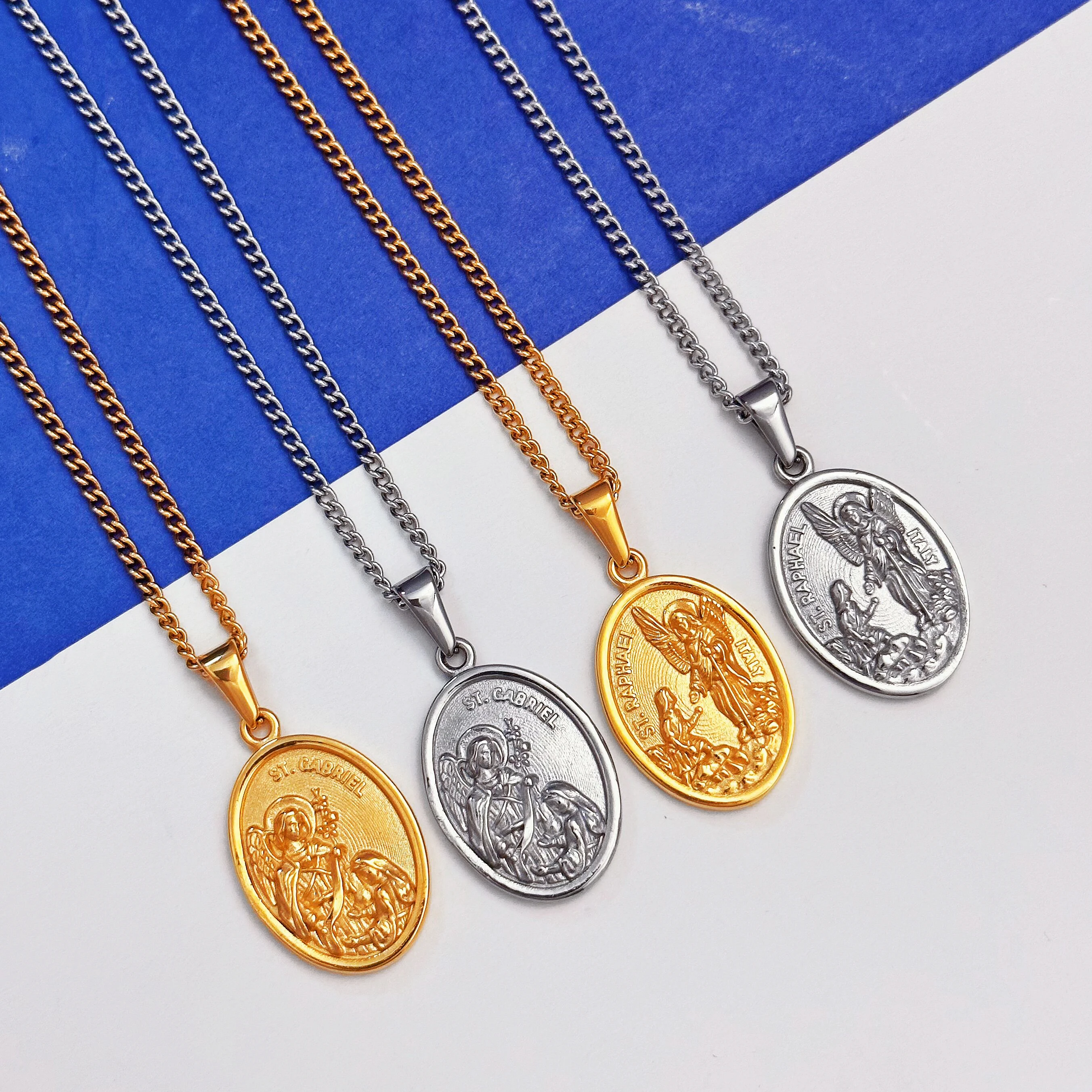 Religious Saint Gabriel Raphael Medallion Necklace Stainless Steel Archangel St.Raphael Necklace Women Men Pray For Us Jewelry