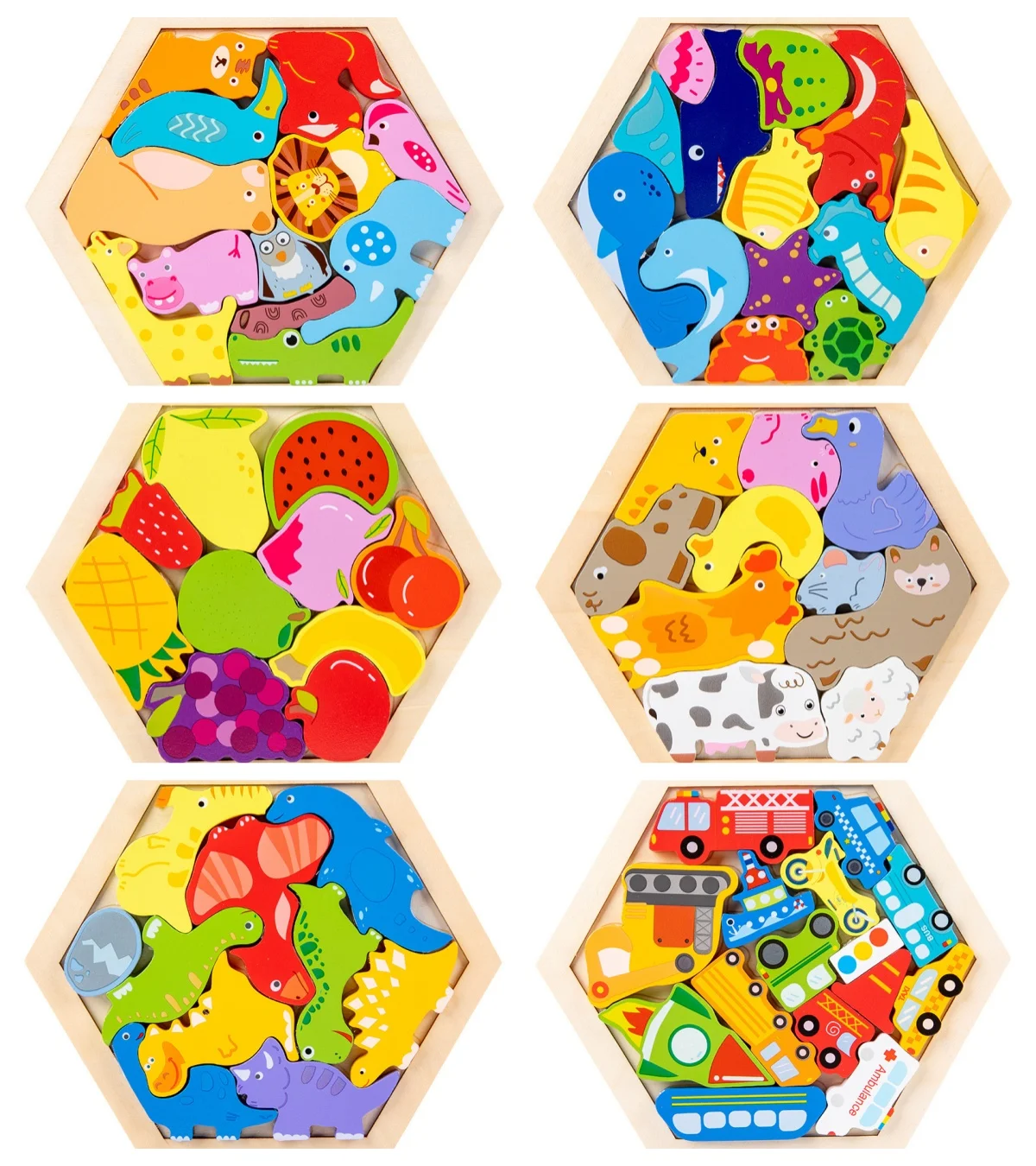 3D Painted Wooden Puzzle for Kids Montessori Teaching Animals Fruits Dinosaurs Farm Transportation Building Blocks Gift