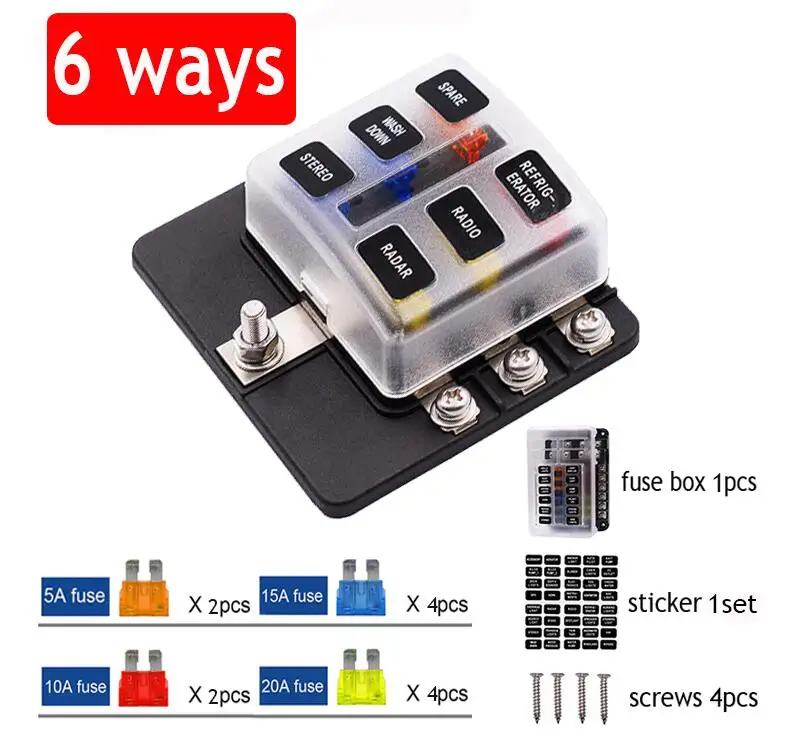 12V 24V Blade Fuse Box Holder 12/6 Ways Modified Fuse Box Terminal Block with LED Warning Light for Car Boat Marine Trike