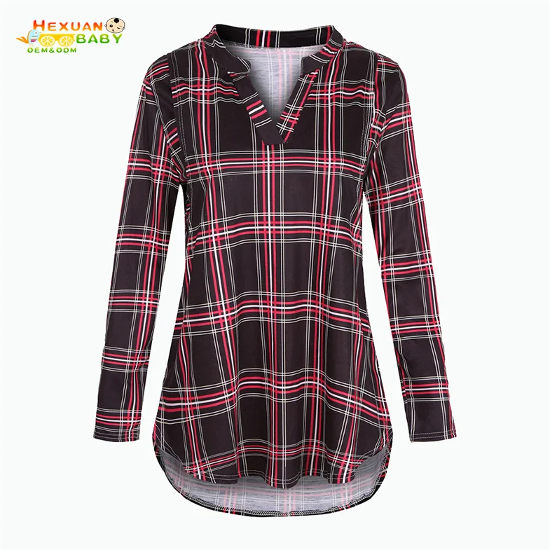 2021 Pregnancy Nursing Mom 3/4 Sleeve Plaid Print Loose Tshirt With V Neck For Maternity Breastfeeding Women Clothes Shirt
