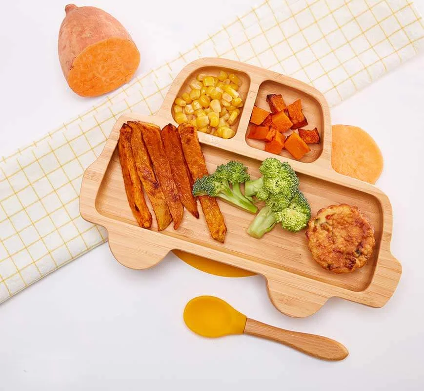 Car Shape Bamboo Baby Toddler Suction Plate, Stay Put Feeding Dinner Dish