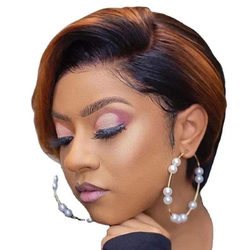 Short European and American wig women fashion dyed short straight hair buckle subnet full mechanism for front lace wig Remy