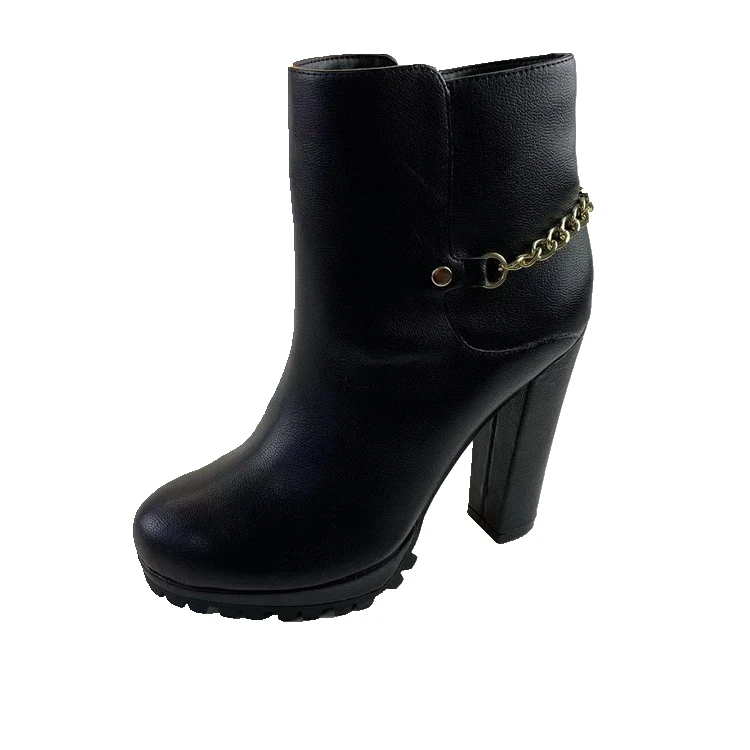 Alloy ankle chain Metal shoe chain  Autumn Winter  Black genuine Leather Ankle Boots women boots shoes
