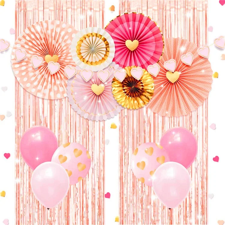 Umiss Bridal Shower Decorations Set, Rose Gold Tinsel Fringe Curtain Party Balloon Pink Gold Paper Fans for Wedding Love Party