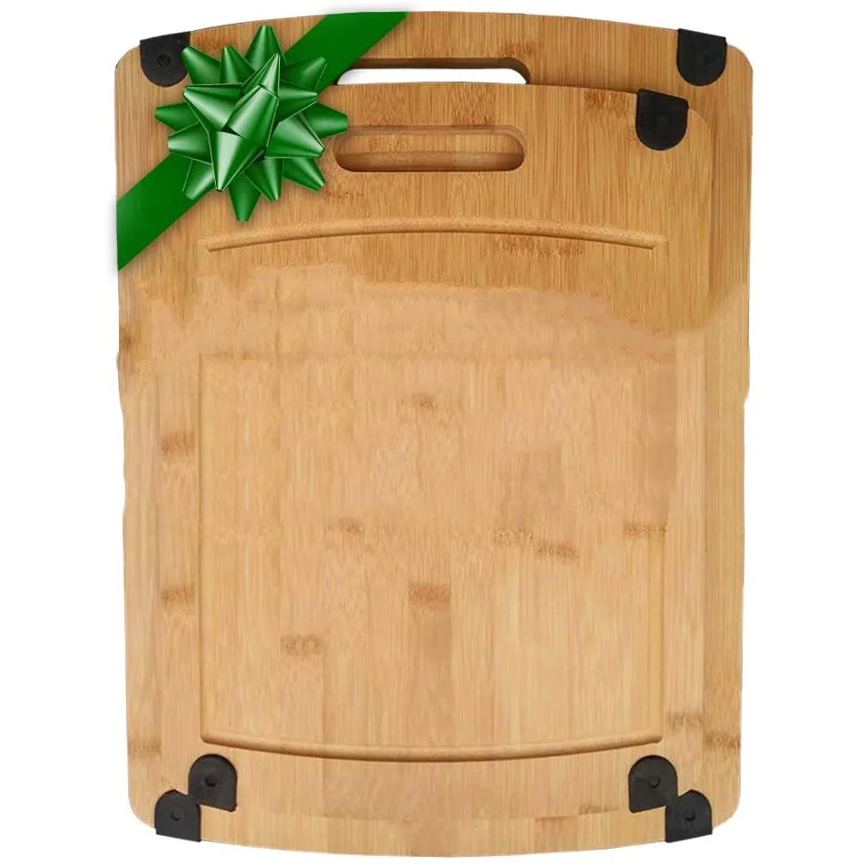 Amazon Hot Selling  New design Extra Large Thick Organic Chopping Bamboo Cutting Board With non-slip mat  set of 2