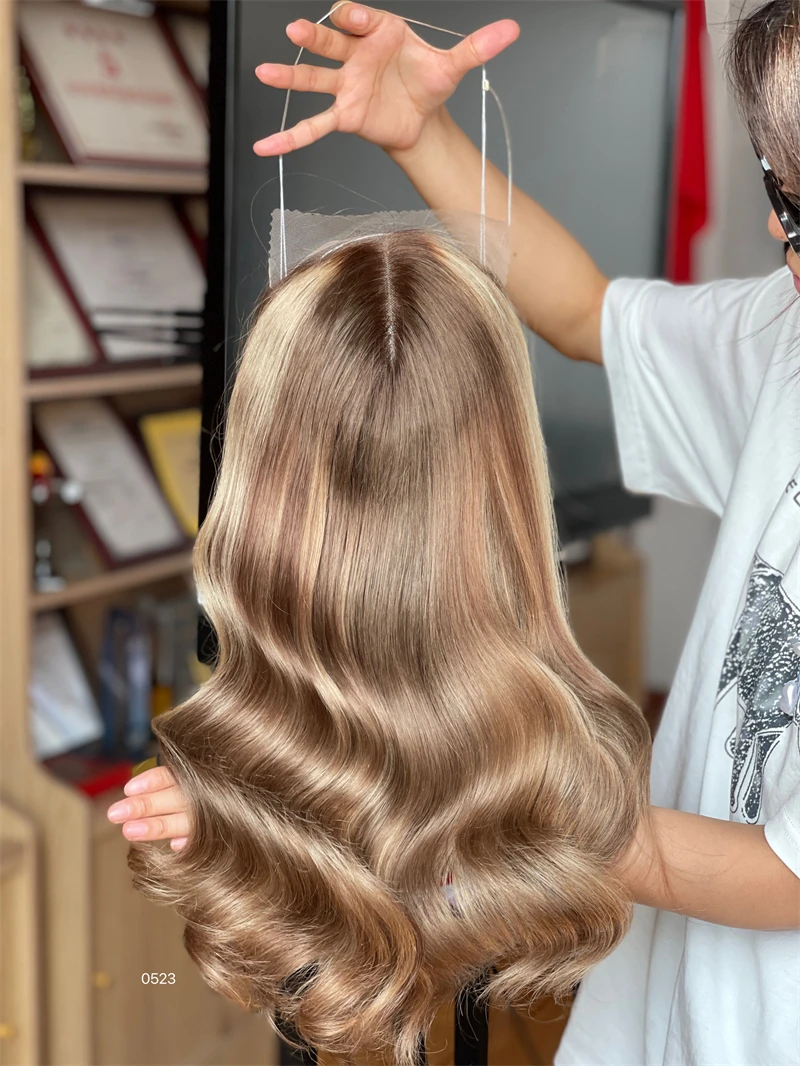 Wholesale 100% Good Review Ventilated Mini Wig Hairline Wavy Brown Human Hair Lace Front 8*8 Toppers For Women