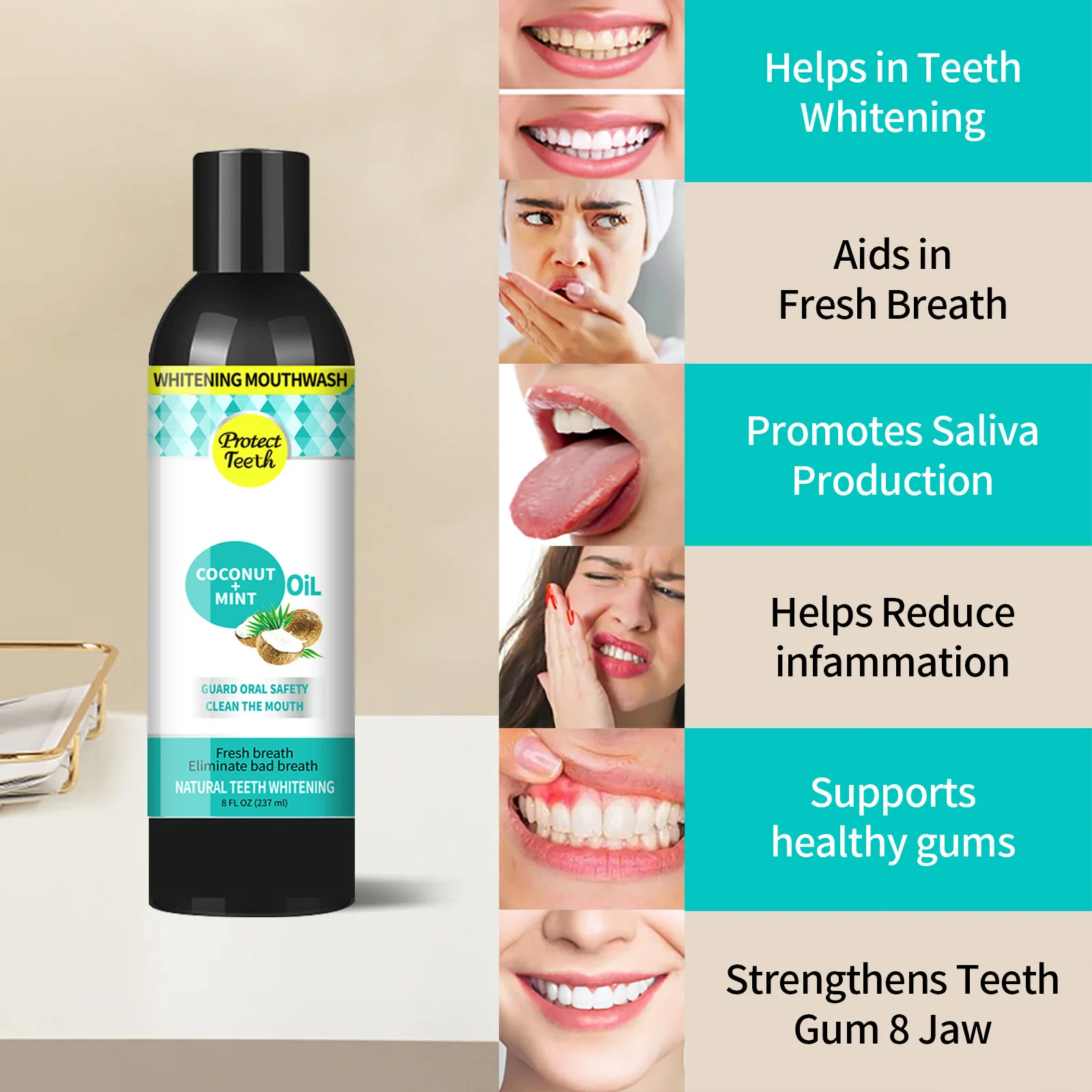 237ML Mouth Wash Oral Care Pulling Oil With Coconut and Peppermint for Health Teeth Whitening Organic Mouthwash