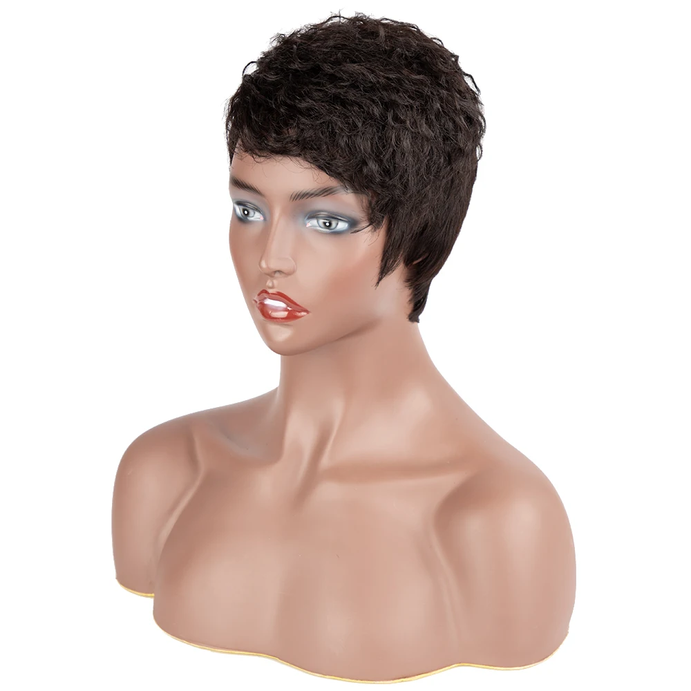 Rebecca Natural Black Short Pixie Wigs with Bangs Layered Cut Natural Curl Straight Synthetic Hair Wig for White Women