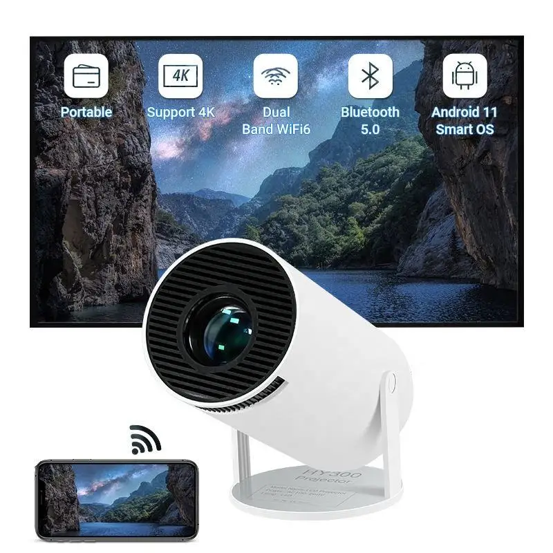 Оптовая продажа HY300 Full HD Домашний кинотеатр умный проектор Android 11 лучевой мобильный телефон портативный уличный мини-проектор 4k