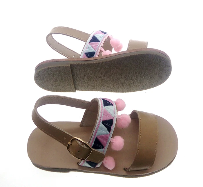 hottest pom pom teens big size genuine leather shoes sandals for kids girls