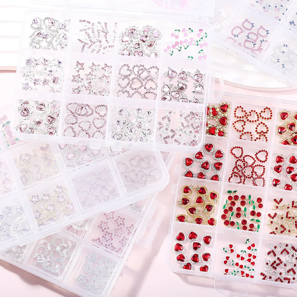Heart Nails Charms 3D White Pink Series Red Type Alloy Crystal Cherry Rhinestone Nail Art DIY Manicure Accessories Resin Crystal
