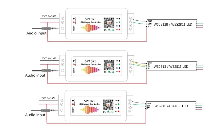 SP107E DC5V-24V Music LED Controller full color RGB SPI Control by phone APP for 2812 2811 1903 LED Strip Light Tape