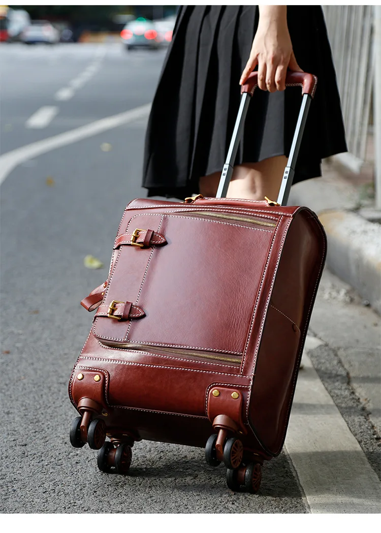 New leather retro trolley case 20 inch 360 Degree Wheels travel suitcase vegetable tanned leather hand luggage