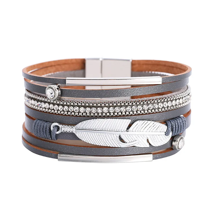 CLARMER Bohemian leather bracelet ethnic style braided feather wide brim bracelet custom snap bracelet for woman