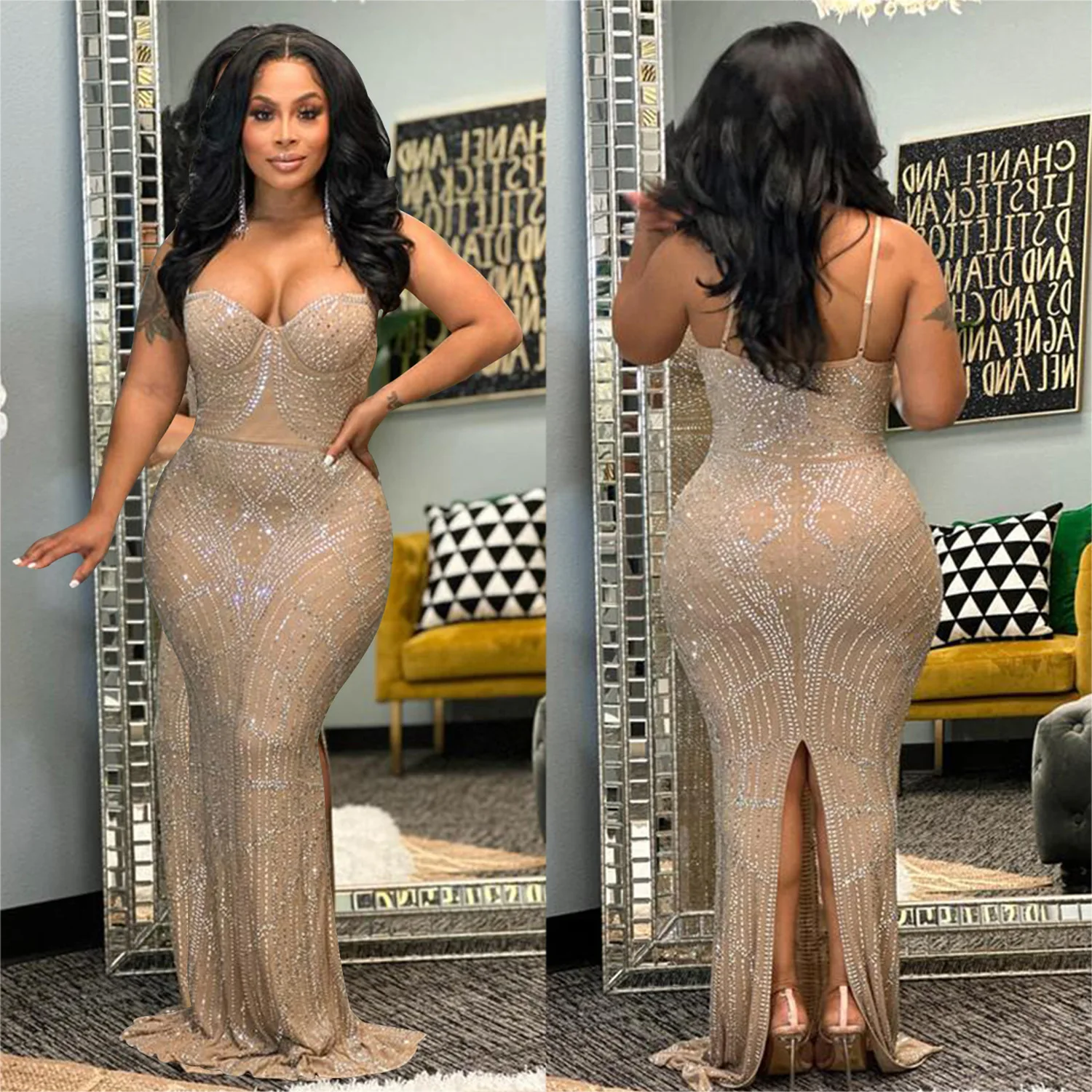 Womens clothes ladies evening slip dresses sexy nightclub party cutout casual Backless slim wrapped hip diamond mesh women dress