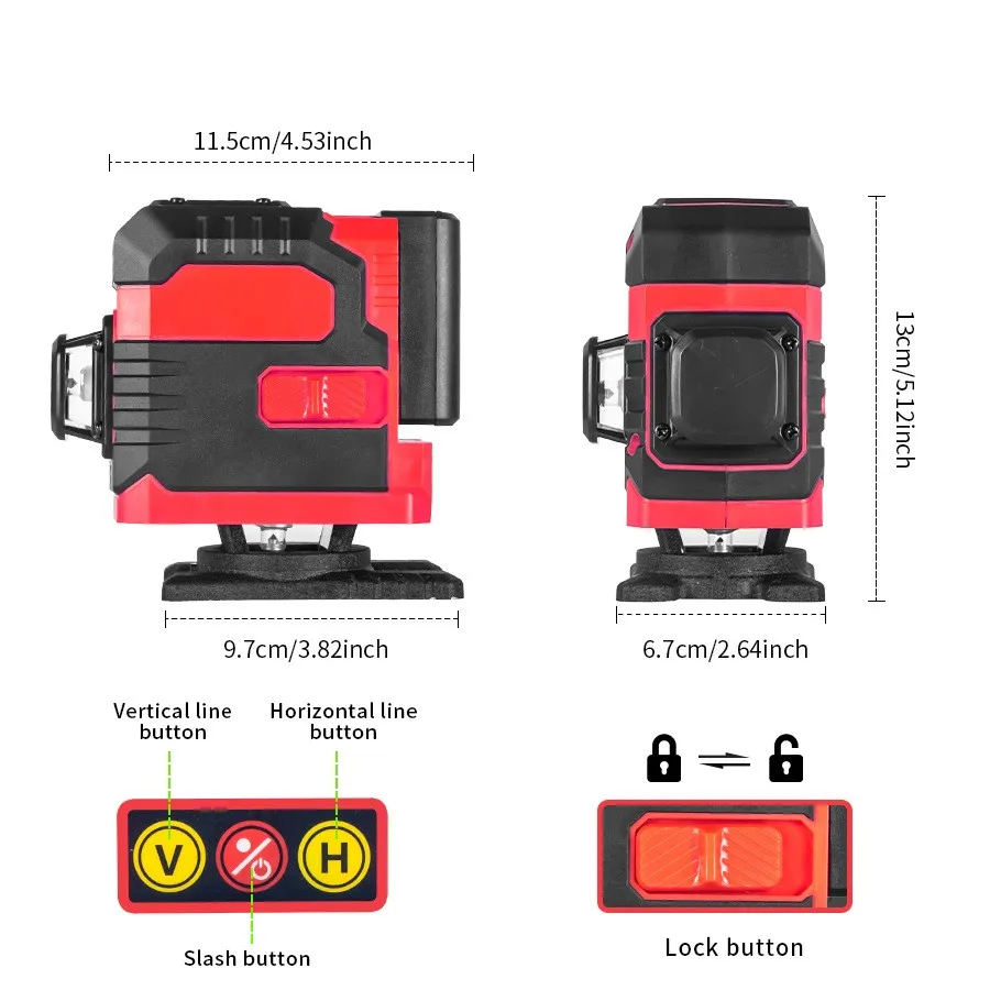 The 12-line high-precision laser level is wall-mounted and carries an induction switch and a rotating base