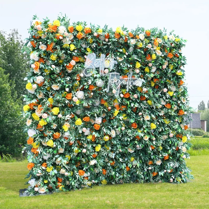 Yellow Orange Rose Green Leaves Artificial Flower Wall Arrangement Cloth Roll Up Hang Flower Wall Wedding Backdrop Decor Prop