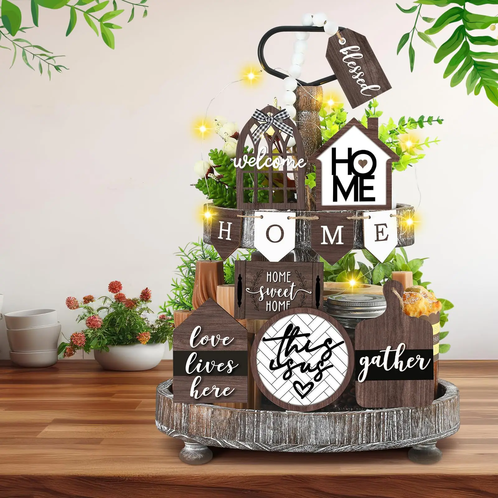 Custom Farmhouse Tiered Tray Decoration Ornament Craft 11 Piece Rustic Wood Sign for Table Kitchen Home Decor