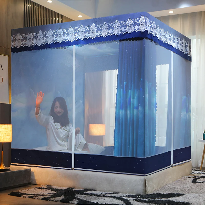 New Design Beautiful Lace Canopy Mesh Indoor Home Decoration Net King Queen Size Bed Square Shaped Mosquito Net