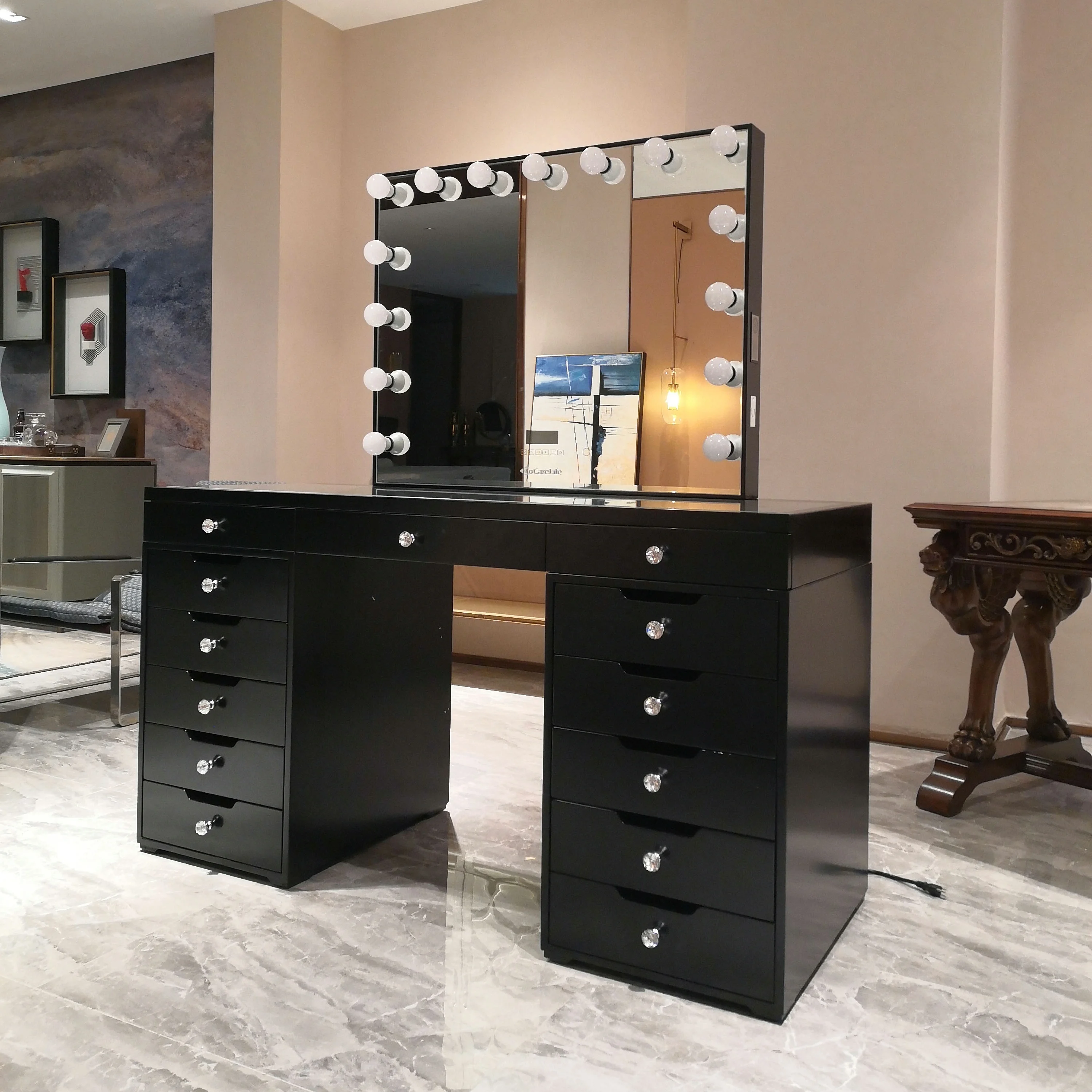 Stock on US! Docarelife  black  painting vanity table with lighted mirror Makeup Vanity Set with  Hollywood Mirror