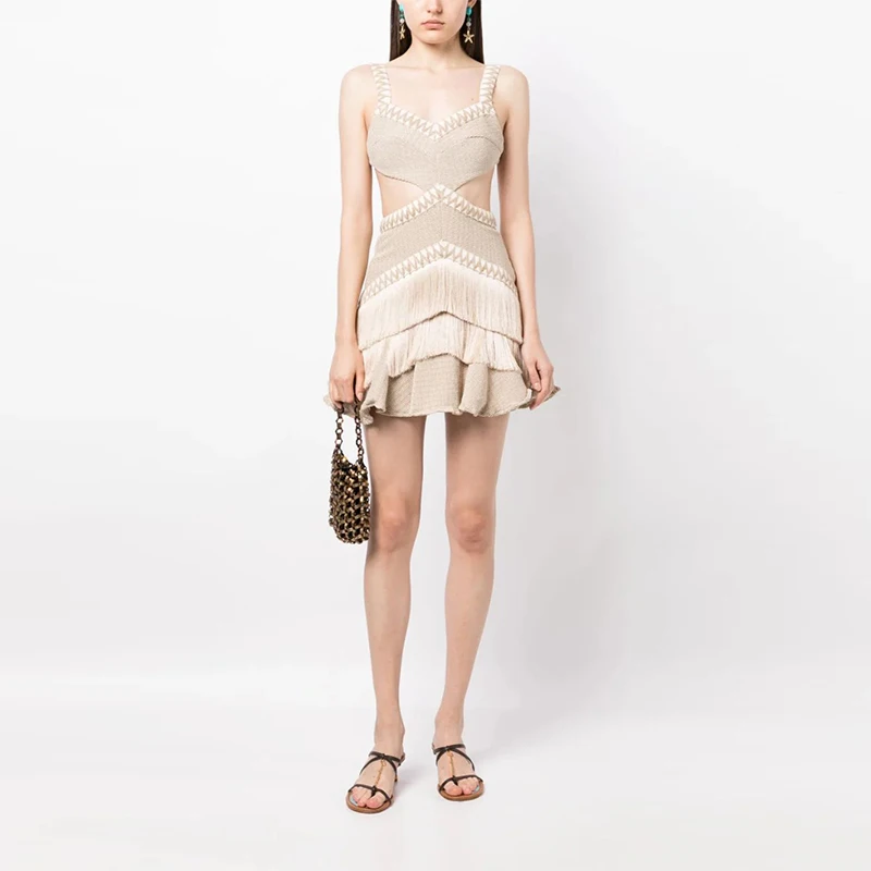 2024 Elegant Ladies Tailored Summer Fit V Neck Sleeveless Dress Casual Mini Dress Luxury Metal Cutout Tassel Dress