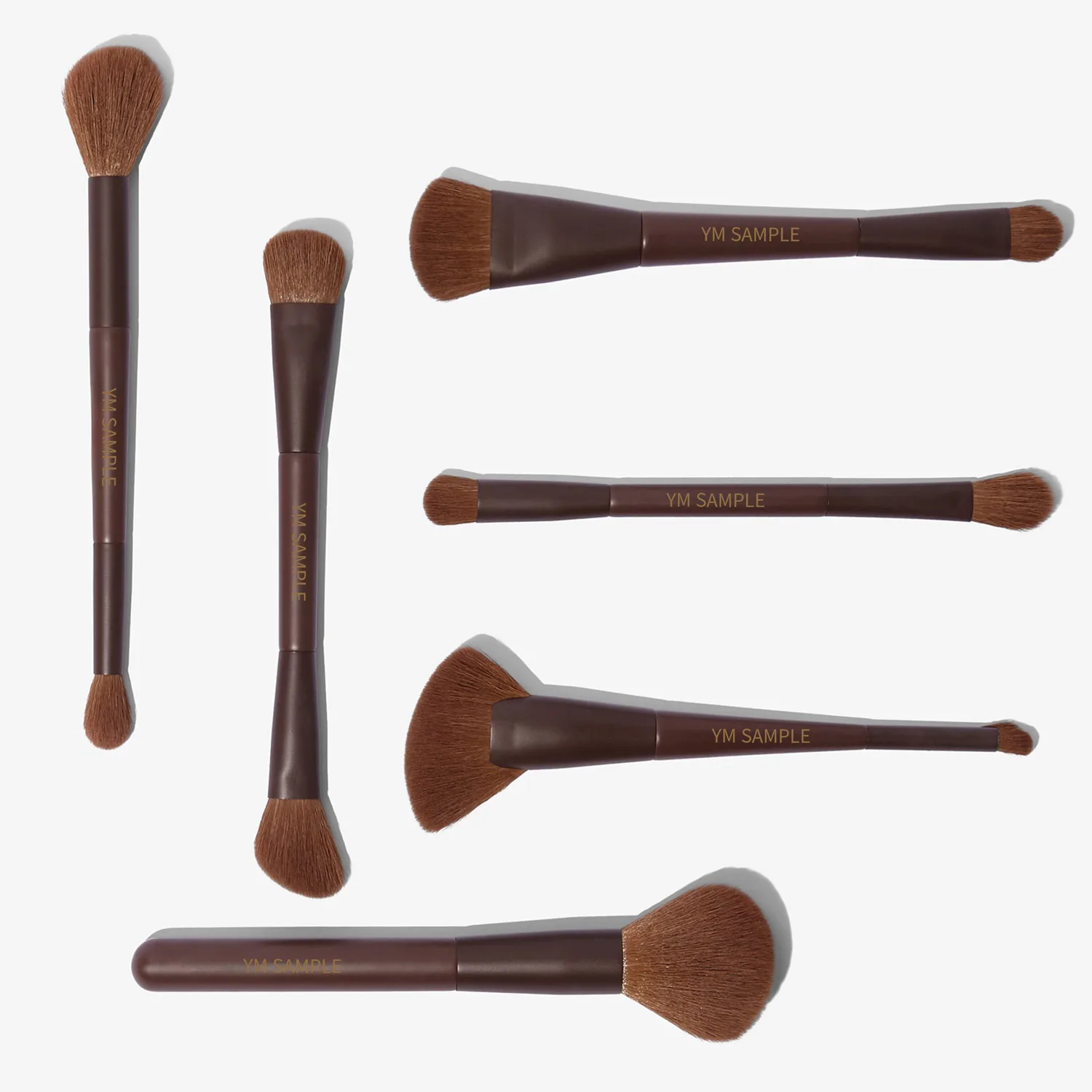 New fashion coffee wood handle vegan cruelty free synthetic hair make up brush set multifunctional dual ended makeup brushes